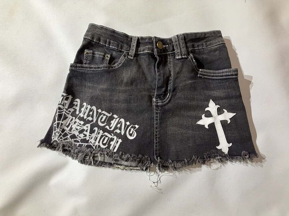ROMWE Black Low Waisted Gothic Cross Denim Skirt Womens Small